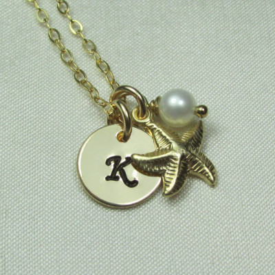 Initial Necklace Gold Monogram Necklace Personalized Necklace Bridesmaid Gift Initial Bridesmaid Jewelry Starfish Necklace Beach Jewelry