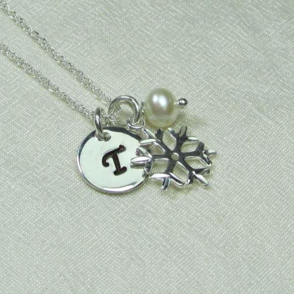 Initial Necklace Personalized Bridesmaids Gifts Birthstone Necklace Snowflake Necklace Monogram Necklace Winter Wedding Bridesmaid Jewelry