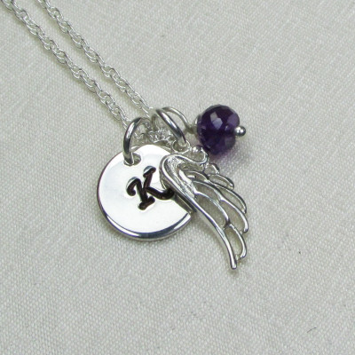 Initial Necklace Silver Angel Wing Necklace Personalized Mothers Necklace Birthstone Monogram Necklace Memorial Remembrance Jewelry Gift