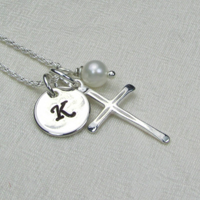 Initial Necklace Silver Cross Necklace Monogram Necklace Personalized Birthstone Necklace Personalized Jewelry Confirmation Baptism Gift