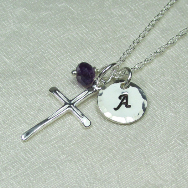 Initial Necklace Silver Cross Necklace with Initial Birthstone Necklace Mothers Necklace Personalized Necklace for Mom Personalized Jewelry