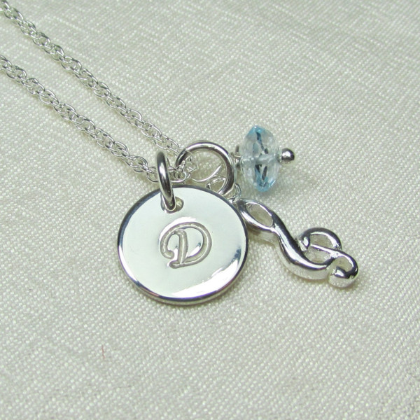 Initial Necklace Silver Monogram Necklace Music Necklace Personalized Necklace Birthstone Necklace Mothers Necklace Personalized Jewelry