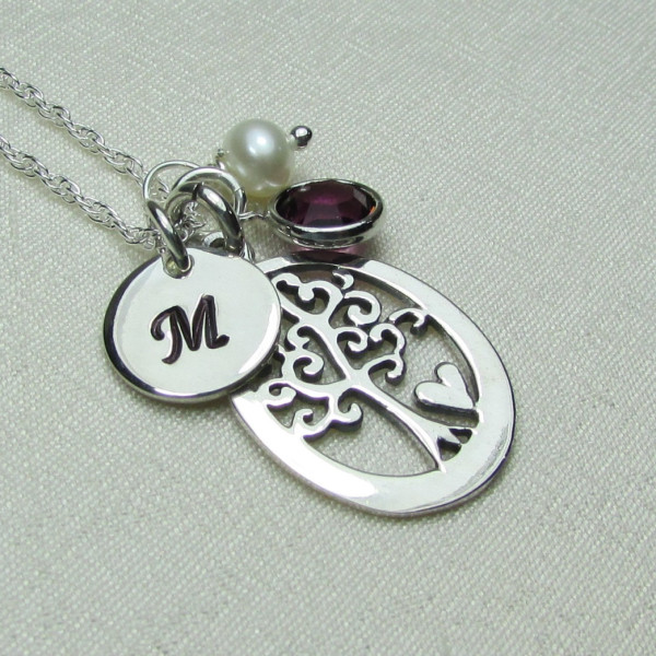 Mothers Necklace Initial Necklace Family Birthstone Necklace Personalized Jewelry Monogram Necklace Tree of Life Necklace Gift for Mom