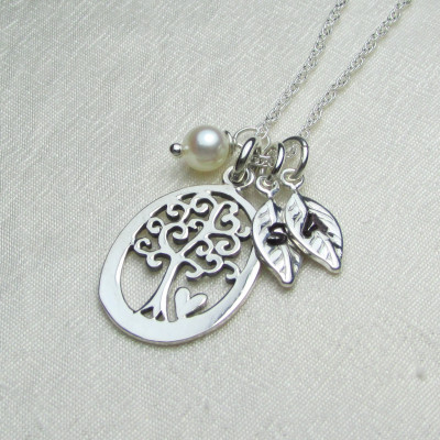 Mothers Necklace Tree Leaf Initial Necklace Sterling Silver Tree of Life Necklace Personalized Necklace for Mom Personalized Jewelry Gift