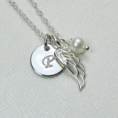 Sterling Silver Angel Wing Necklace Personalized Mothers Necklace Birthstone Necklace Initial Necklace Memorial Remembrance Jewelry Gift