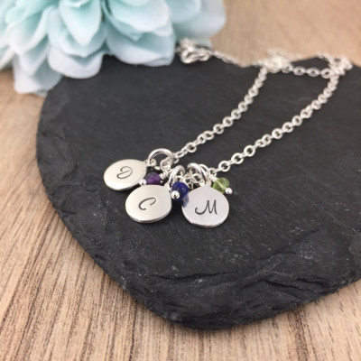 3 Initial Birthstone Necklace, Personalised Initial Necklace, Sterling Silver, Mother gift, wife gift, girlfriend gift
