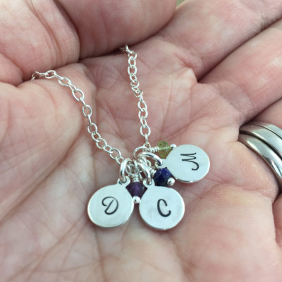 3 Initial Birthstone Necklace, Personalised Initial Necklace, Sterling Silver, Mother gift, wife gift, girlfriend gift
