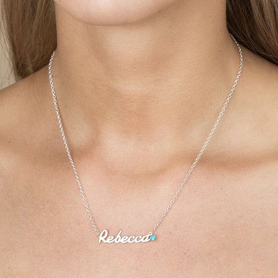 925 Sterling Silver Name Plate With Round Birth Stone Charm Necklace On 16" Trace Chain