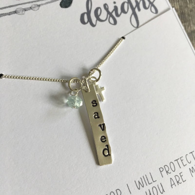 Aquamarine and Sterling Silver Stamped Necklace with Cross, Christian Jewellery, 'Saved' Necklace