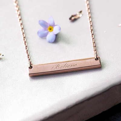 Believe Engraved Sterling Silver Bar Necklace, Gold Plated, Rose Gold, Word Bar Necklace, Message Necklace, Inspiration Motivation Jewellery