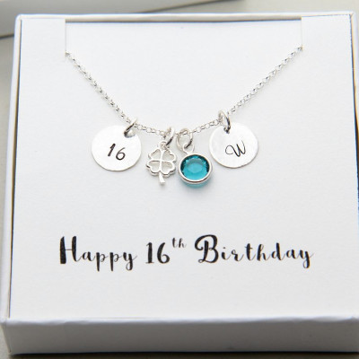 Birthday Necklace, Personalized 16th Birthday Necklace, 16th Birthday Gift, Tiny Clover Necklace, Sterling Silver Initial Necklace,16th Gift