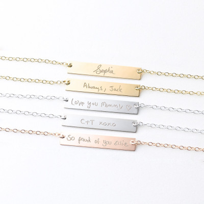 Child's Actual Handwriting Necklace - custom engraved necklace - name necklace for mum - gold bar necklace - child gift to mum