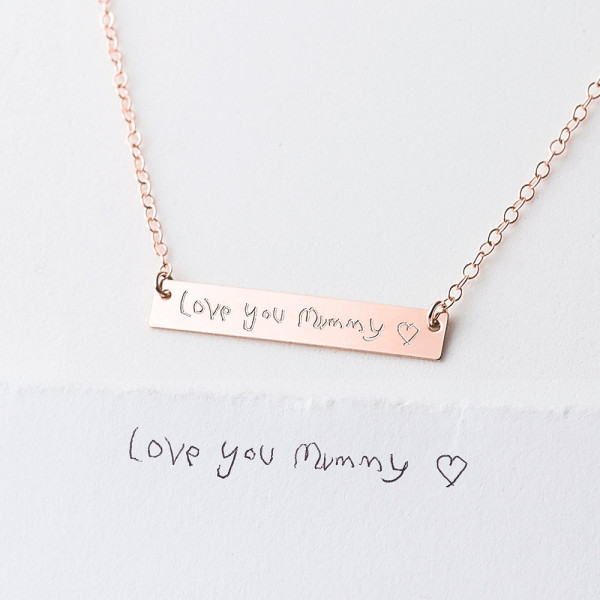 Child's Actual Handwriting Necklace - custom engraved necklace - name necklace for mum - gold bar necklace - child gift to mum