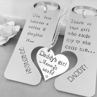 Daddys Girl Mummys World Set, Daddy Daughter Set, Mother Daughter Necklace, Daddy Key Chain, Dad Gift, Mum Gift, Family jigsaw set, heart