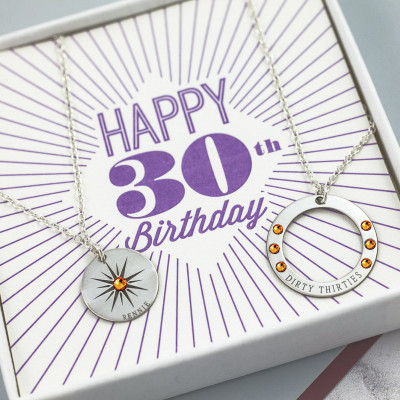 Dirty Thirties | Sterling Silver | Custom Name Necklace | 30th Birthday Her | Dirty 30 | 30th Birthday Card | Birthstone Necklace |
