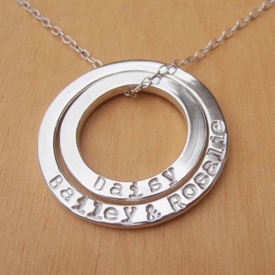Double Silver Circle Necklace With Hand Stamped Names - Shiny Finish - Sterling Silver