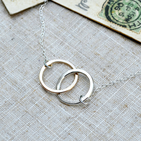 Double hoop sterling silver and gold filled necklace. Handmade, personalised, name and date necklace