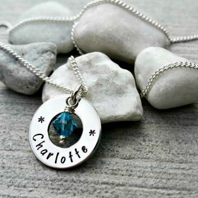 Extra small sterling silver handstamped Family washer personalised keepsake necklace with birthstone crystals