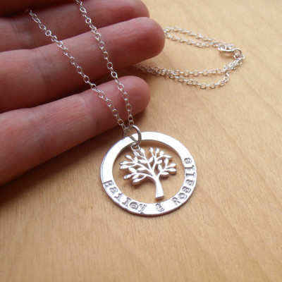 Family Tree Necklace - Silver Circle With Stamped Names & Tree - Sterling Silver