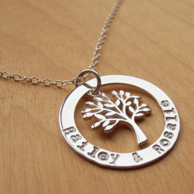 Family Tree Necklace - Silver Circle With Stamped Names & Tree - Sterling Silver
