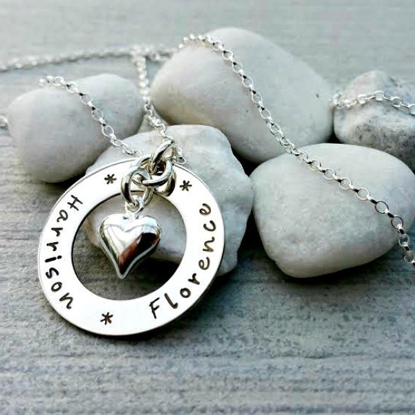 Family name necklace, hand stamped, personalised, mother's necklace, children's names necklace, sterling silver, gift for mum, heart charm