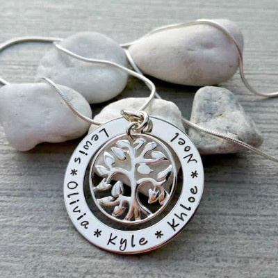 Family tree pendant, sterling silver, hand stamped, personalised, tree of life, family tree necklace, family names, children's names