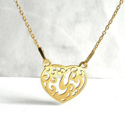 Filigree Letter Y Necklace, Heart Design, Initial Necklace Y, Alphabet Necklace, Gold Plated Letter Y, Heart Charm Necklace, Gift Jewelry