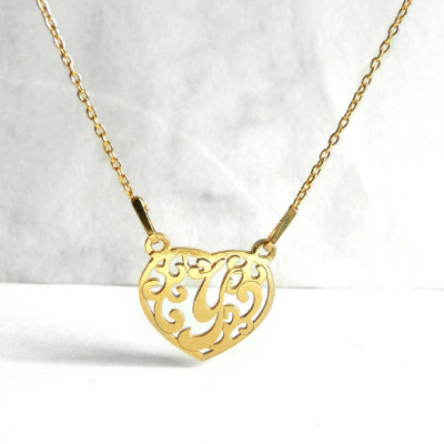 Filigree Letter Y Necklace, Heart Design, Initial Necklace Y, Alphabet Necklace, Gold Plated Letter Y, Heart Charm Necklace, Gift Jewelry