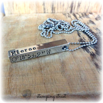Gifts for Daddy, Gifts for Husband, Pewter Bar, Personalised Necklace, Personalized, Hand Stamped, Co-ordinates, Gifts for Fathers Day, Dad