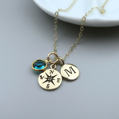Gold Compass Necklace Personalized, Compass Initial Birthstone Necklace 18k Gold Fill, Enjoy the Journey