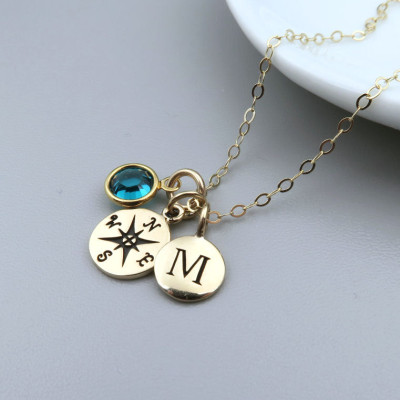 Gold Compass Necklace Personalized, Compass Initial Birthstone Necklace 18k Gold Fill, Enjoy the Journey
