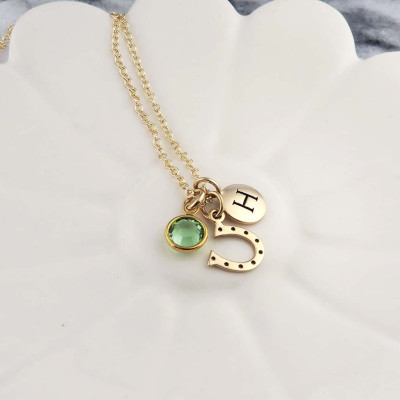 Gold Horseshoe Necklace Personalized, Lucky Horse Shoe Initial and Birthstone Necklace, good luck gift