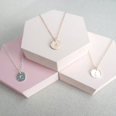 Hammered Necklace - Tiny Disc - Initial Necklace - Custom Letter - Personalised Necklace - Dainty Necklace - Bridesmaid Gift - Gift for Her
