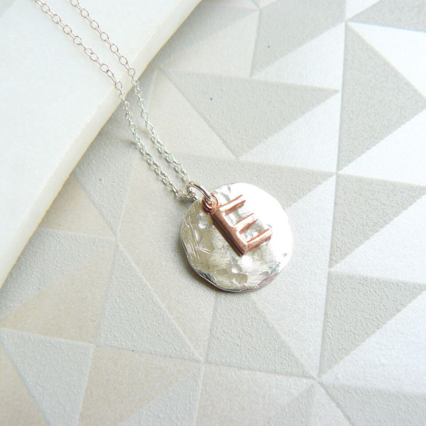 Hammered Silver Disc and Rose Gold Vermeil Letter Charm Necklace