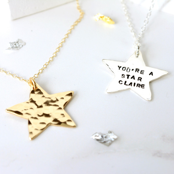 Hammered Star Necklace in Sterling Silver or Gold Filled | Handmade Personalised Star Necklace | Hand-stamped Celestial Star Necklace