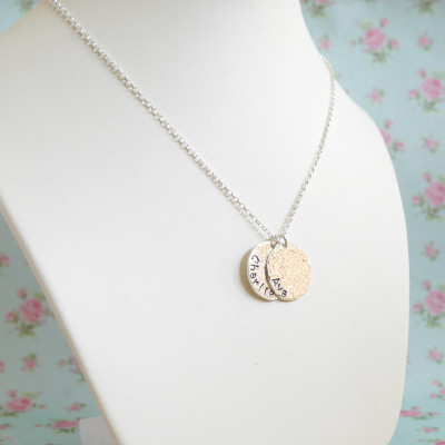 Hammered Sterling Silver Coin Necklace, Double Pendant, Mothers Day Gift Idea for Mother, Personalised Coin, Childrens Names