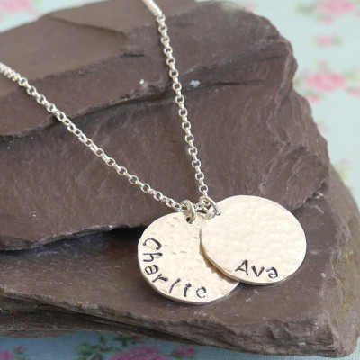 Hammered Sterling Silver Coin Necklace, Double Pendant, Mothers Day Gift Idea for Mother, Personalised Coin, Childrens Names