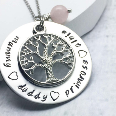 Hand Stamped Jewelry - Mother Necklace - Name Necklace - Tree Necklace - Grandma Necklace - Kids Name Necklace -  Personalized Necklace