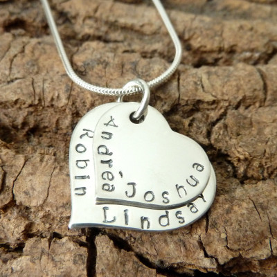 Handstamped Sterling Silver , Mothers Day, stacked heart pendant, double hearts, mum, daughter, wife gift