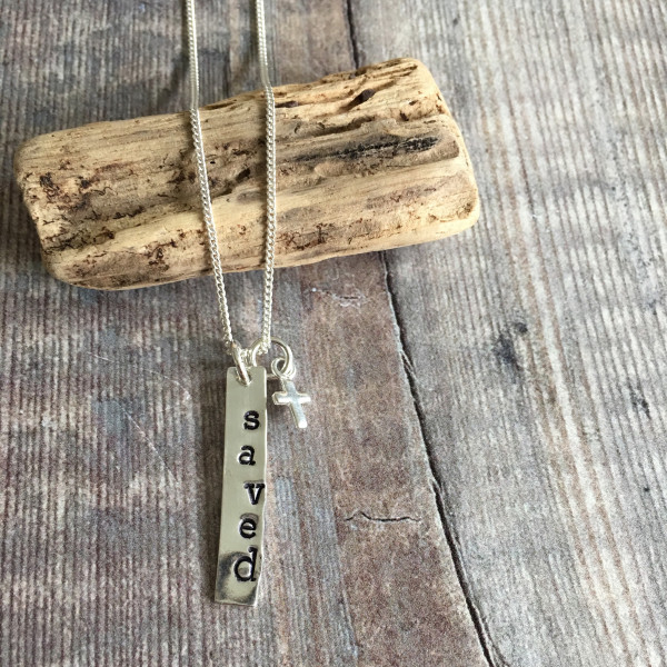 Handstamped Sterling Silver Necklace and Cross, 'Saved' Christian Jewellery, Silver Cross Necklace