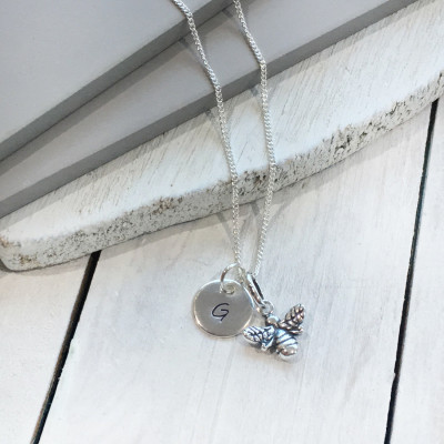 Hanstamped - Sterling Silver, Personalised - Initial - Letter - Bee - Charm - Necklace - Pendant - Her gift - Handmade