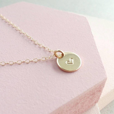 Heart Necklace - Gold Filled - Handstamped Necklace - Dainty Necklace - Small Disc - Minimalist Necklace - Girlfriend Gift - Gift for Her