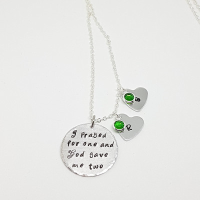 I Prayed For One And God Gave Me Two Hand Stamped Tarnish Resistance Aluminum Hammered Necklace, Kids Name Necklace, Personalized Gift
