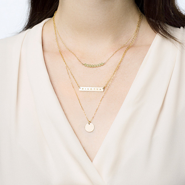 Layering necklace set of 3 - gemstone bar necklace - personalised gold bar necklace - initial disc necklace - layering necklace gift set