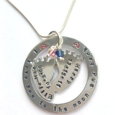 Love You To The Moon And Back -  Personalised Baby Feet Children's Names Hand Stamped Necklace - Mothers Day Gift
