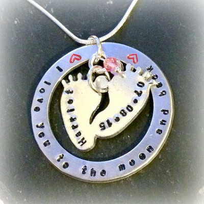 Love You To The Moon And Back -  Personalised Baby Feet Children's Names Hand Stamped Necklace - Mothers Day Gift
