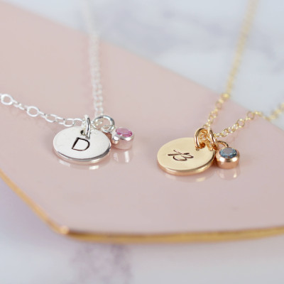 Mini Disc Initial Charm Necklace with Birthstone | Handmade Silver Disc Necklace | Hand-stamped Gold Necklace | Birthstone Disc Necklace