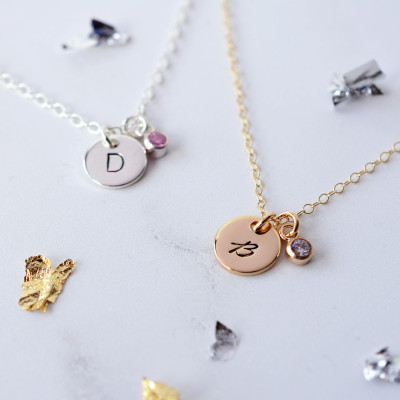 Mini Disc Initial Charm Necklace with Birthstone | Handmade Silver Disc Necklace | Hand-stamped Gold Necklace | Birthstone Disc Necklace