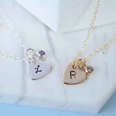 Mini Heart Initial Necklace with Birthstone | Handmade Birthstone Gold Heart Necklace | Hand-stamped Initial Silver Heart  Necklace