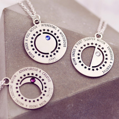 Moon Phases Necklace | Birthstone Necklace | Nameplate Necklace | Half Moon Necklace | Crescent Necklace | Moon Phases Jewelry |